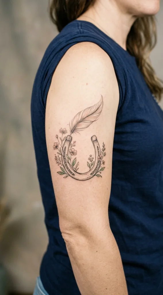 Horseshoe with Feather and Flowers