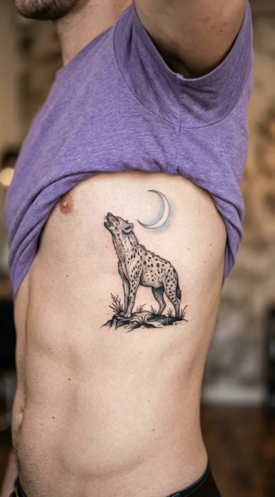 Hyena Howling Under Crescent Moon