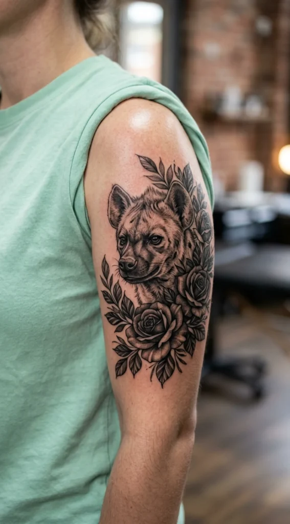 Hyena Portrait Framed by Roses and Leaves