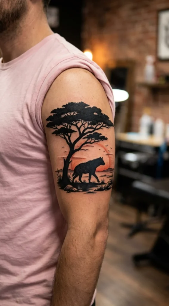 Hyena With African Acacia Tree