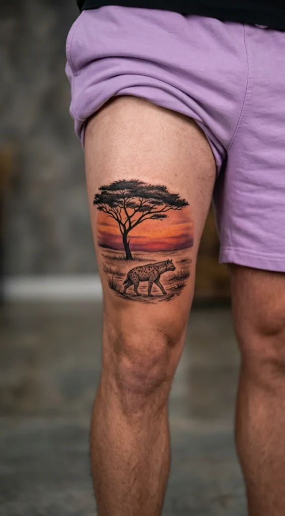 Hyena and Acacia Tree Sunset Scene