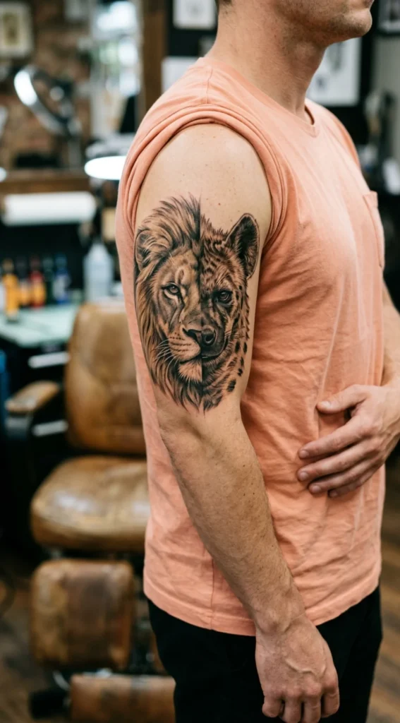 Hyena and African Lion Face Composition