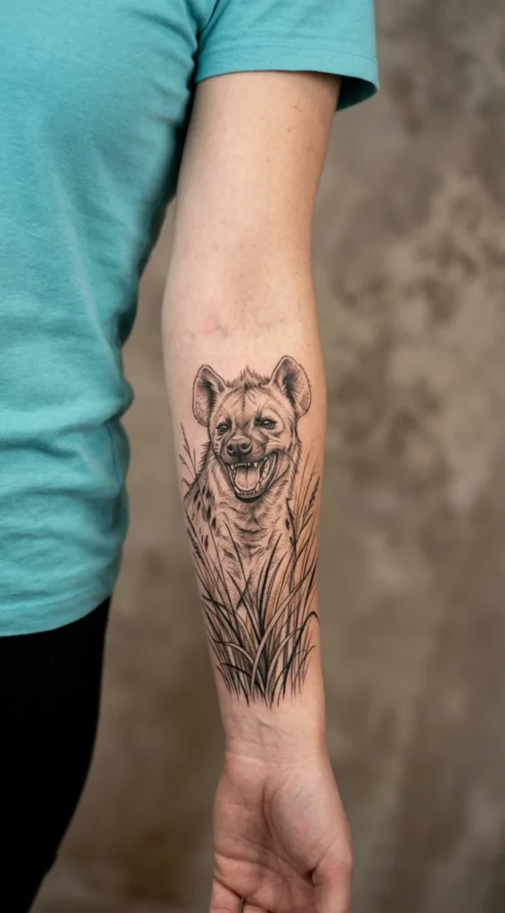 Laughing Hyena With Tall Savanna Grass