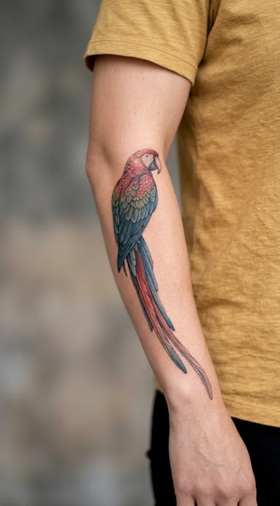 Macaw with Long Tail Feathers on the Forearm