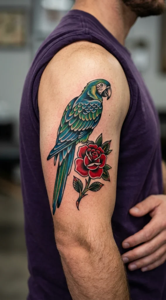 Macaw with Red Rose