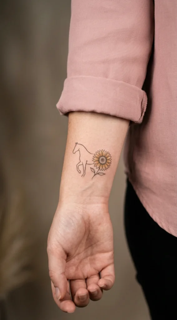 Minimalist Horse and Sunflower Tattoo