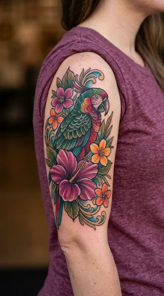 Neo Traditional Parrot with Bold Floral Details