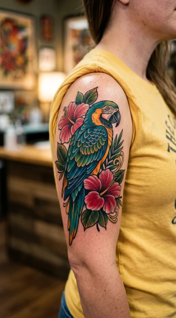 Neo Traditional Parrot with Hibiscus Flowers