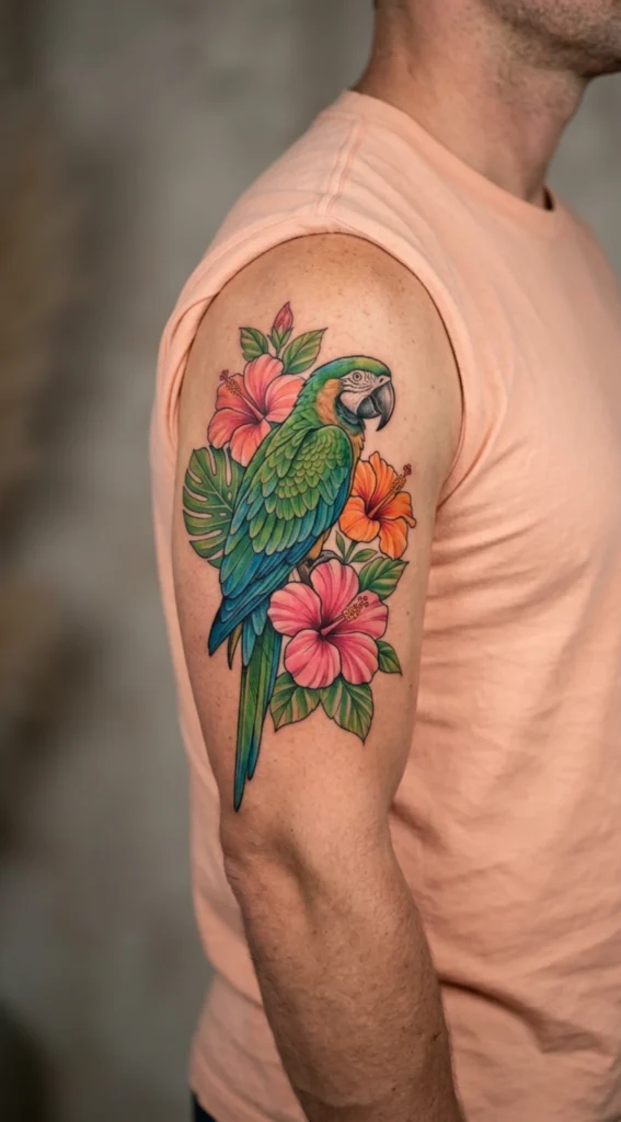 Parrot and Hibiscus Tattoo