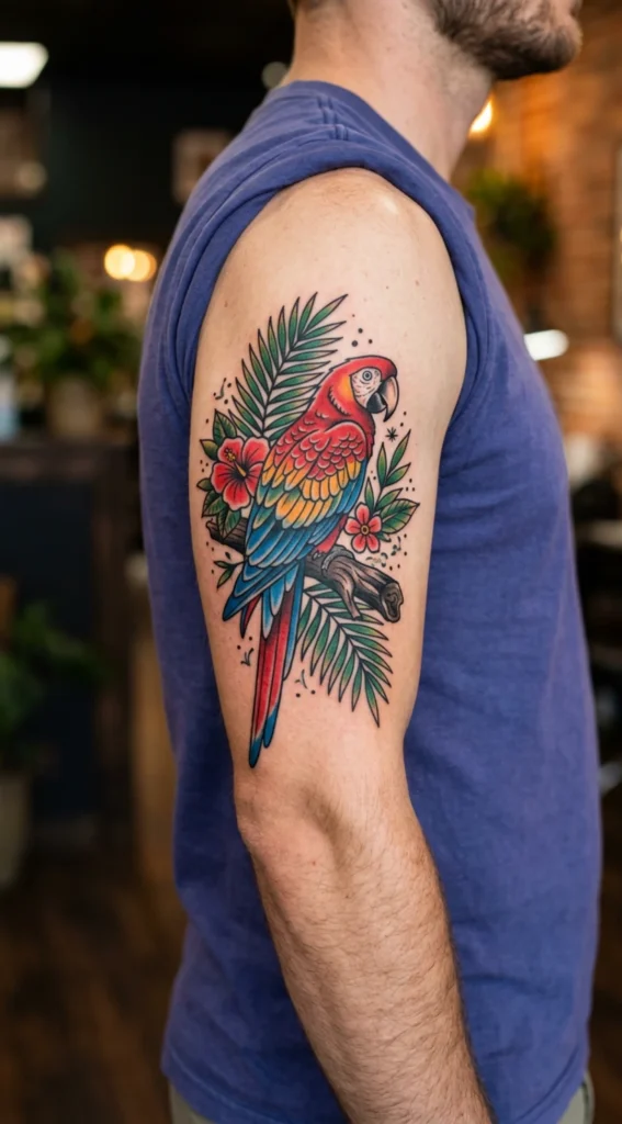 Parrot on Tropical Branch