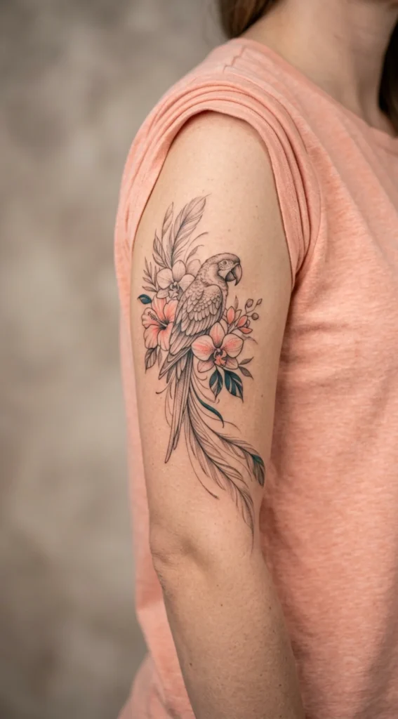 Parrot with Exotic Flowers and Flowing Feathers