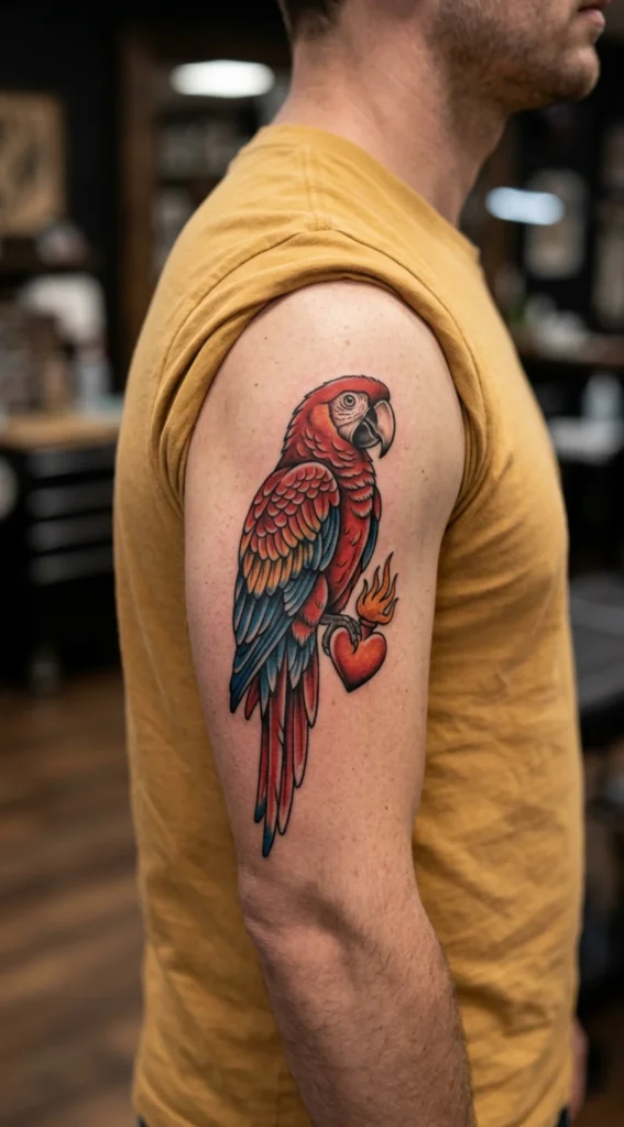 Parrot with Flaming Heart