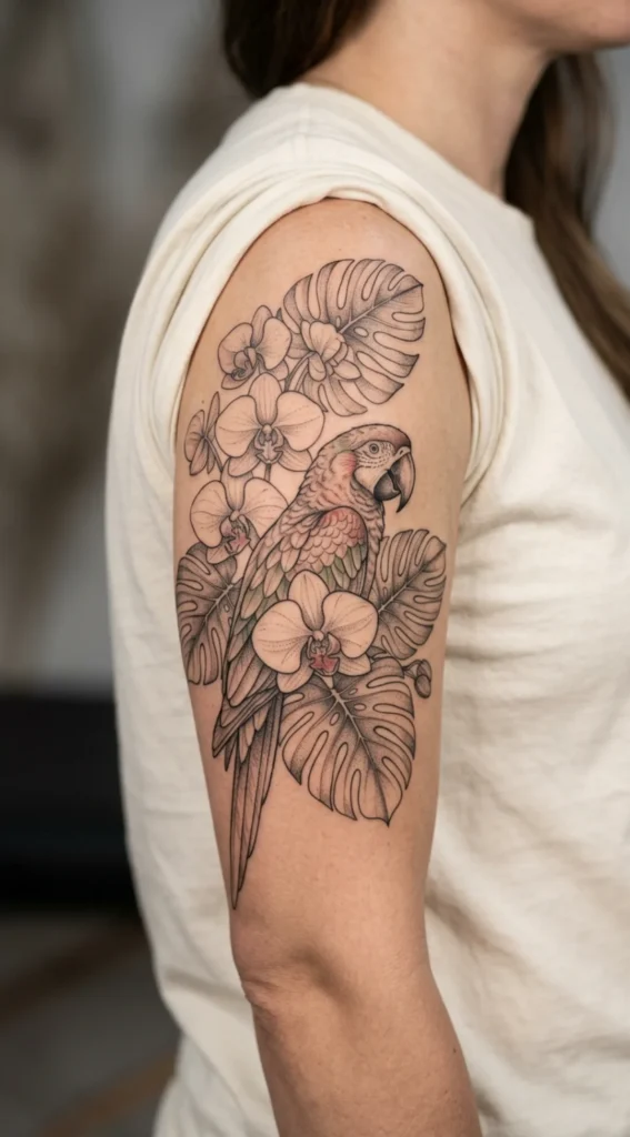Parrot with Orchid and Monstera Composition