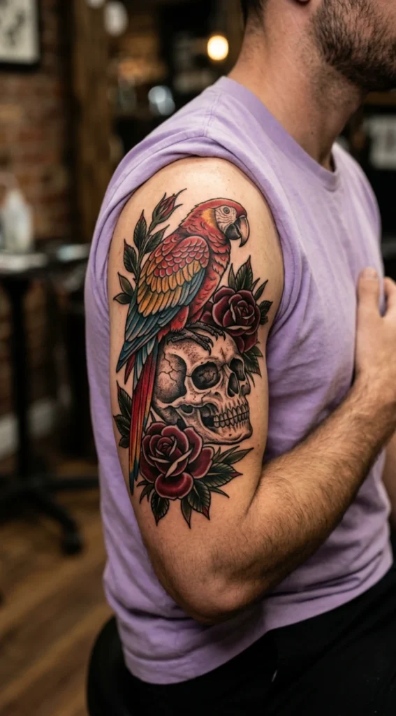 Parrot with Skull and Roses