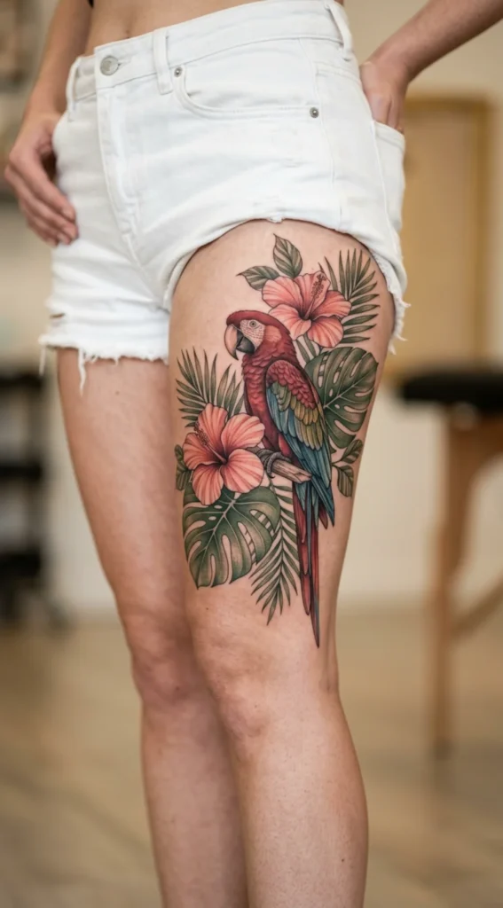 Parrot with Tropical Hibiscus and Large Leaves