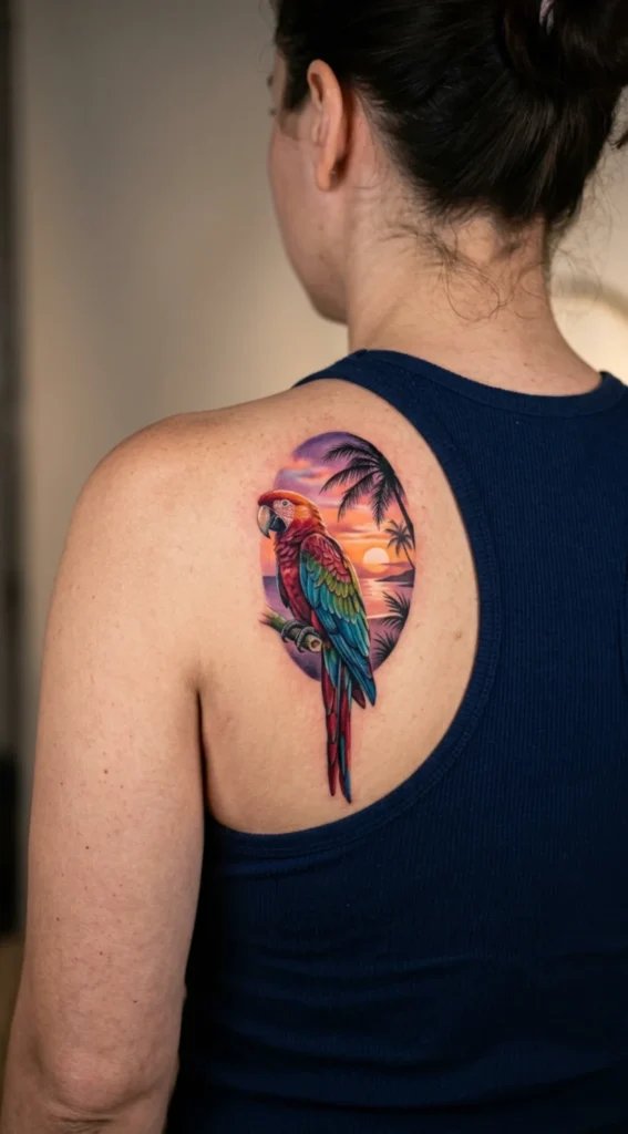 Parrot with a Tropical Sunset Background