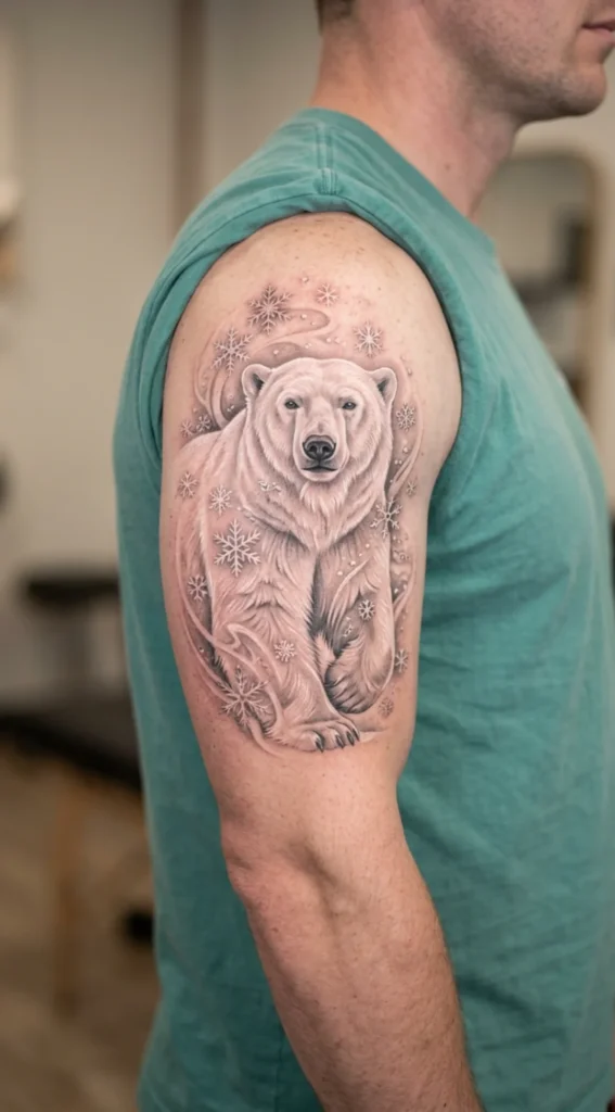 Polar Bear Surrounded by Snowflakes
