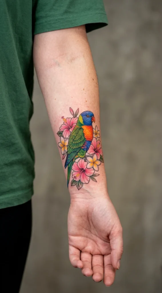 Rainbow Lorikeet with Tropical Flowers