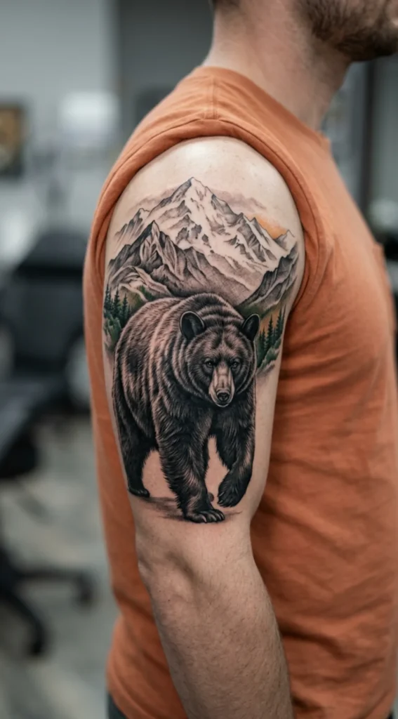 Realistic Bear With Mountains