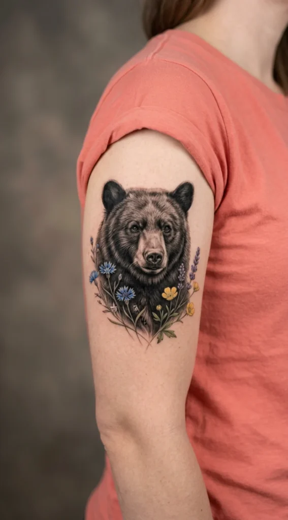 Realistic Bear With Wildflowers