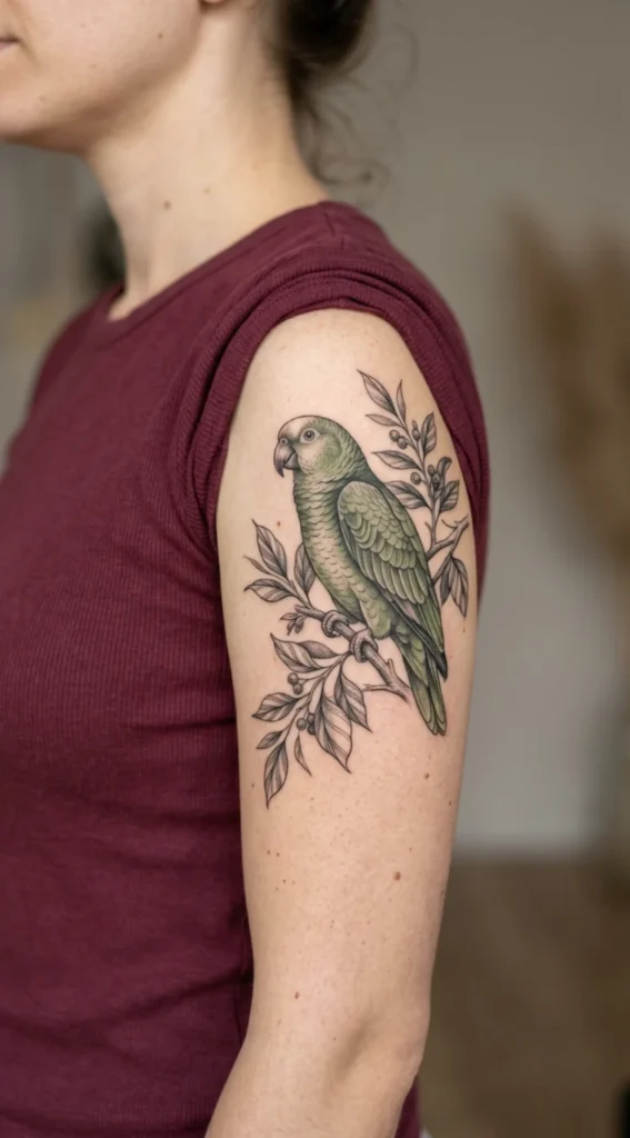 Realistic Green Parrot with Botanical Branches