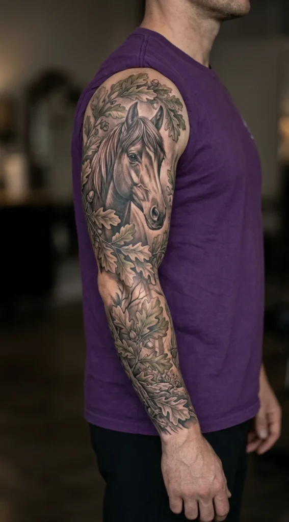 Realistic Horse Full Sleeve with Oak Leaves