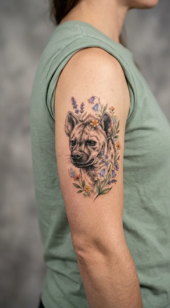 Realistic Hyena With Wildflower Accents