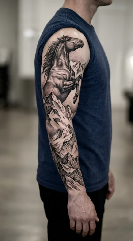 Rearing Horse Full Sleeve with Mountains