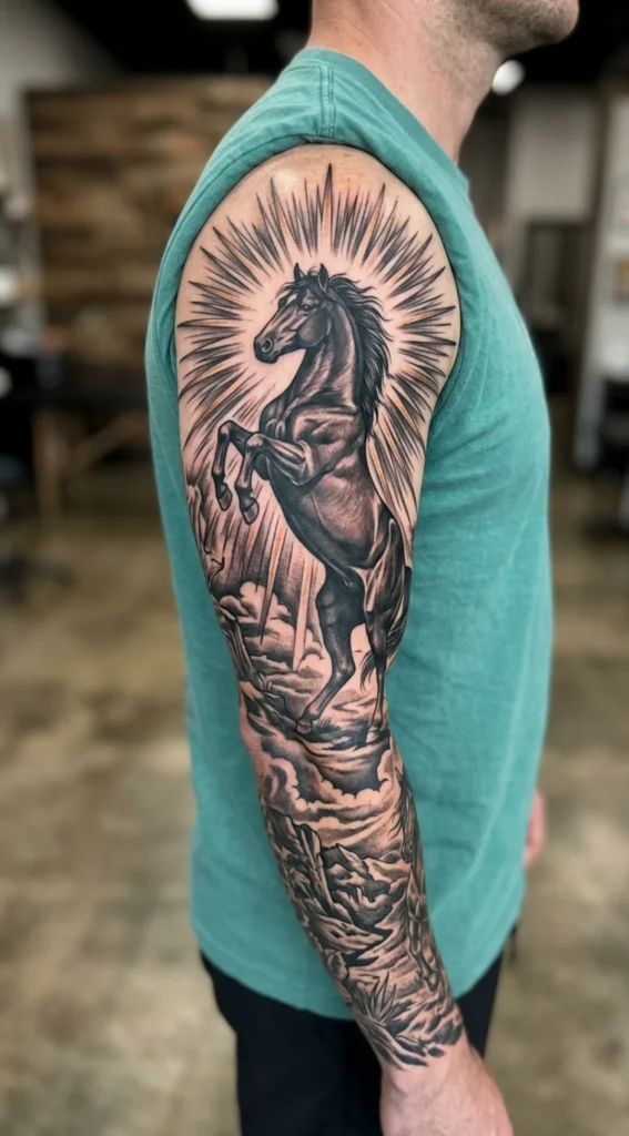 Rearing Mustang Full Sleeve with Sun Rays