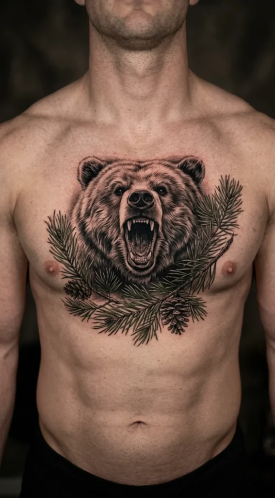 Roaring Bear With Pine Branches