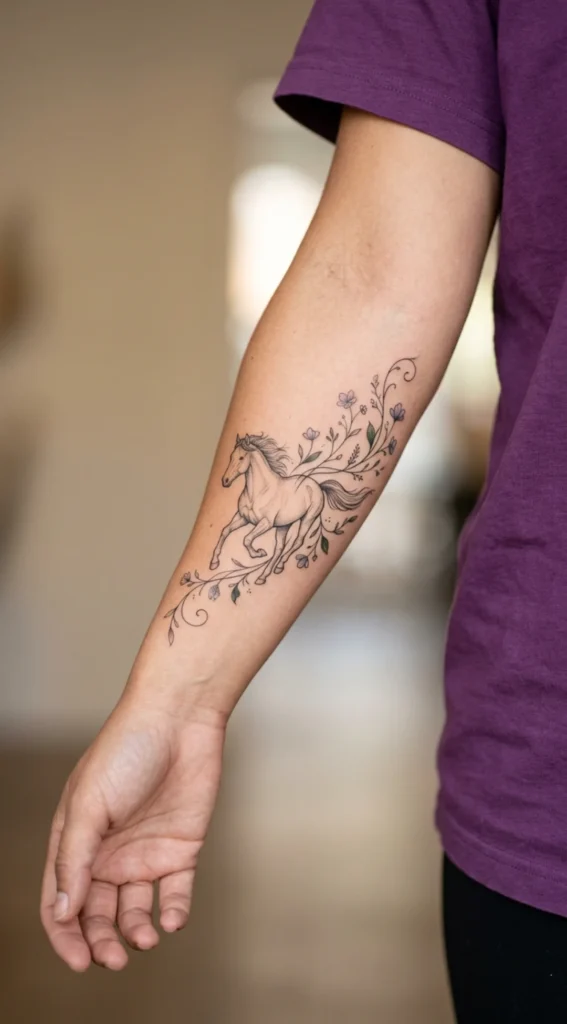 Running Horse with Flowing Botanical Vines