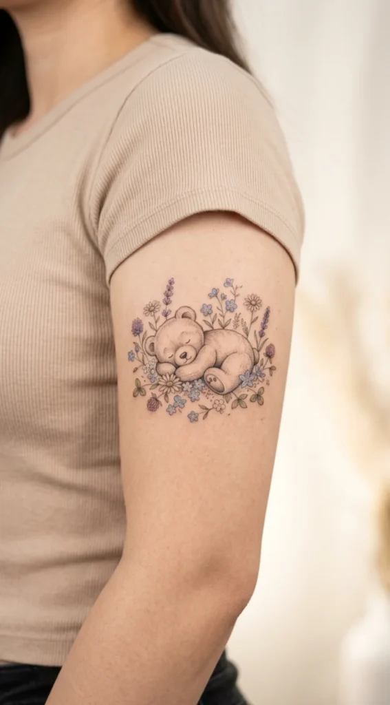 Sleeping Teddy Bear Surrounded by Tiny Flowers