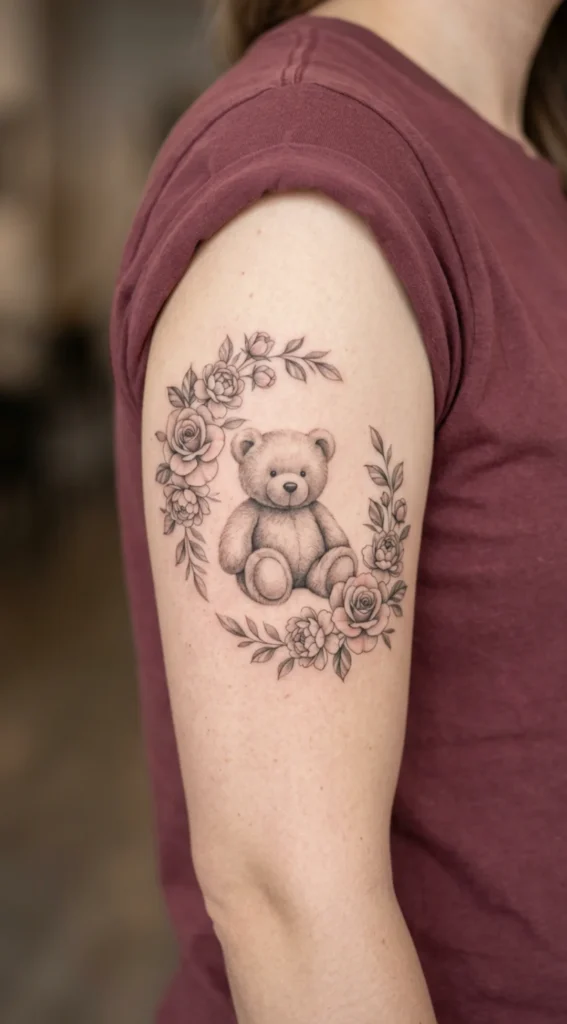 Soft Shaded Teddy Bear With Floral Frame