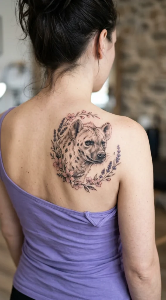 Spotted Hyena Face With Delicate Floral Frame