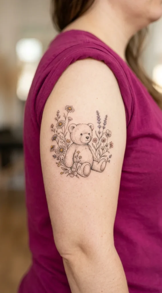 Teddy Bear Surrounded by Dainty Wildflowers