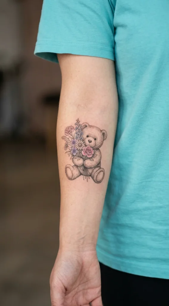 Teddy Bear With a Birth Flower Bouquet