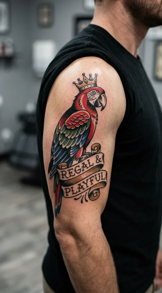 Traditional Macaw with Crown and Banner
