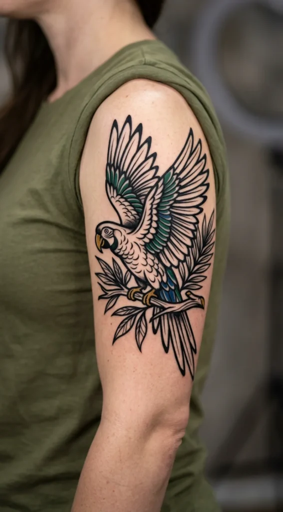 Tropical Parrot with Bold Blackwork Outlines