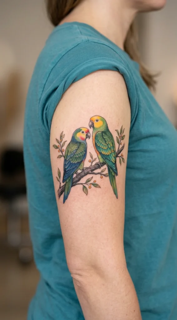 Two Colorful Parrots Perched Together