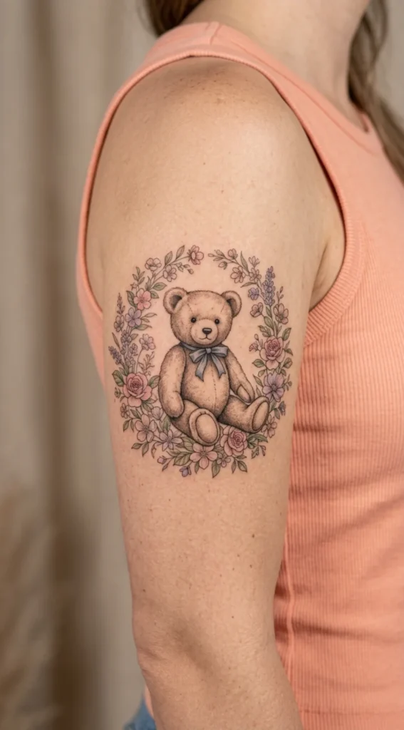 Vintage Teddy Bear With Floral Wreath