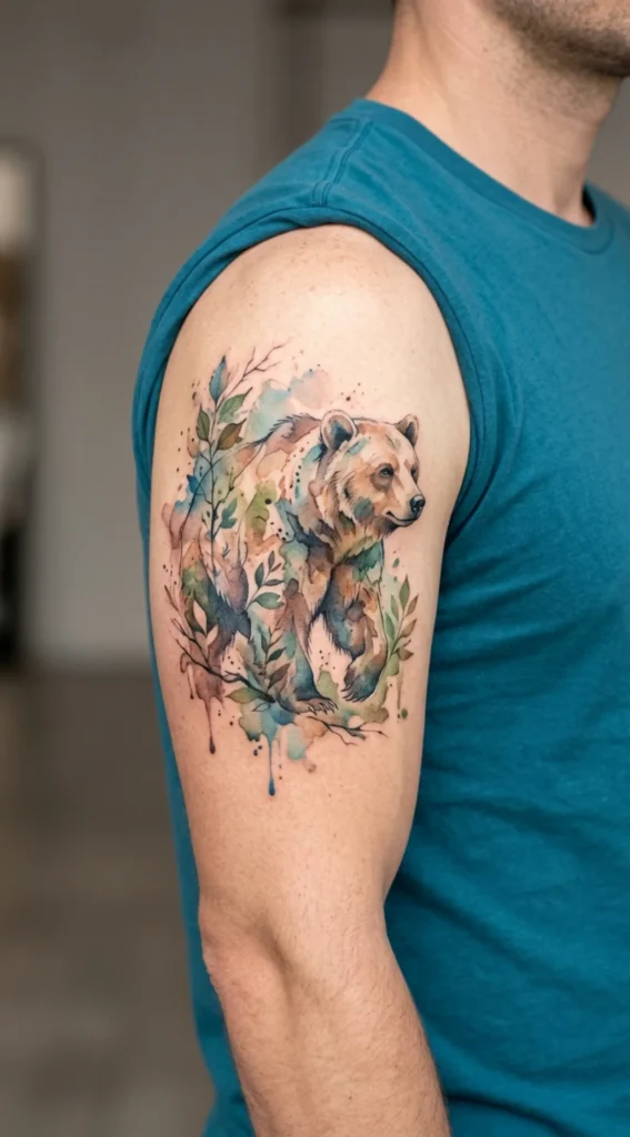 Watercolor Bear With Forest Elements