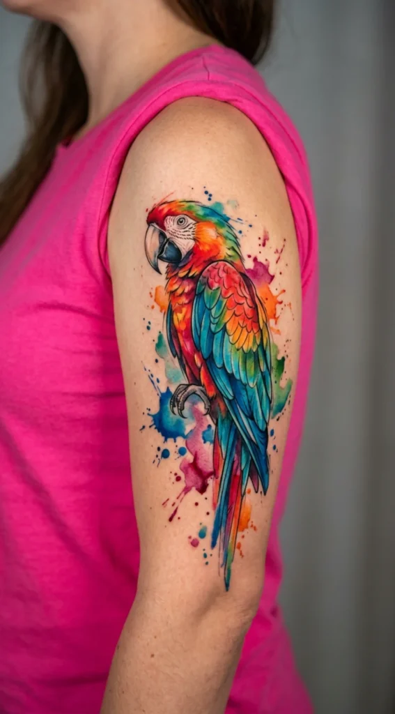 Watercolor Macaw with Vibrant Color Splashes
