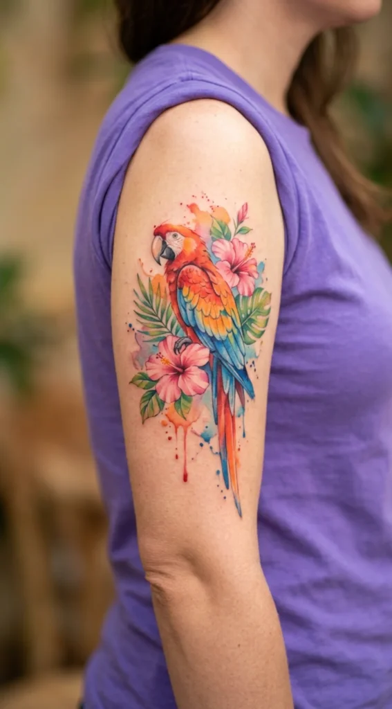Watercolor Parrot with Hibiscus and Leaves