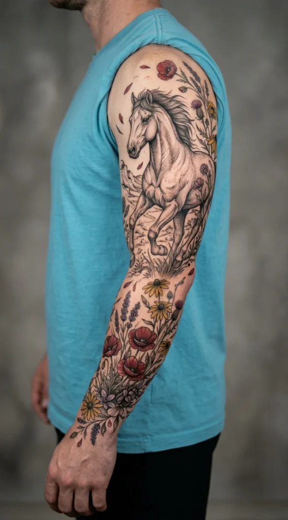 Wild Horse Full Sleeve with Flowers