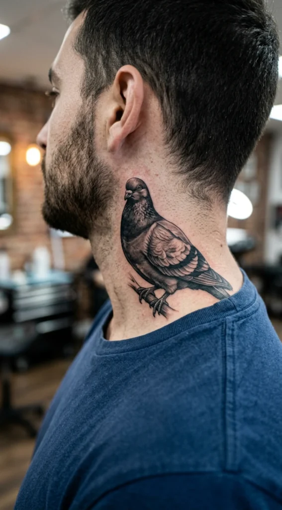Black And Grey Neck Pigeon Tattoo