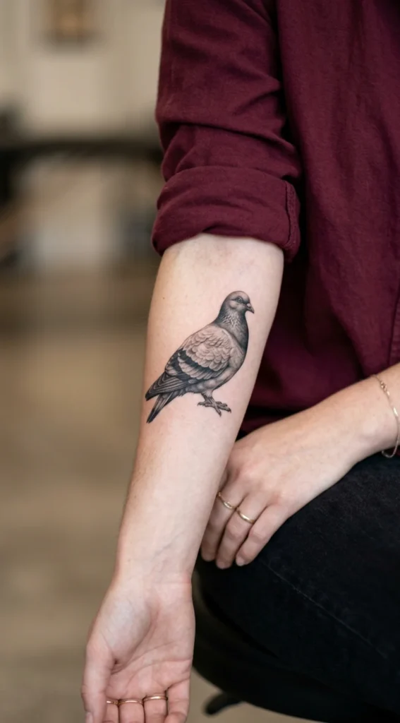 Black And Grey Pigeon On Forearm
