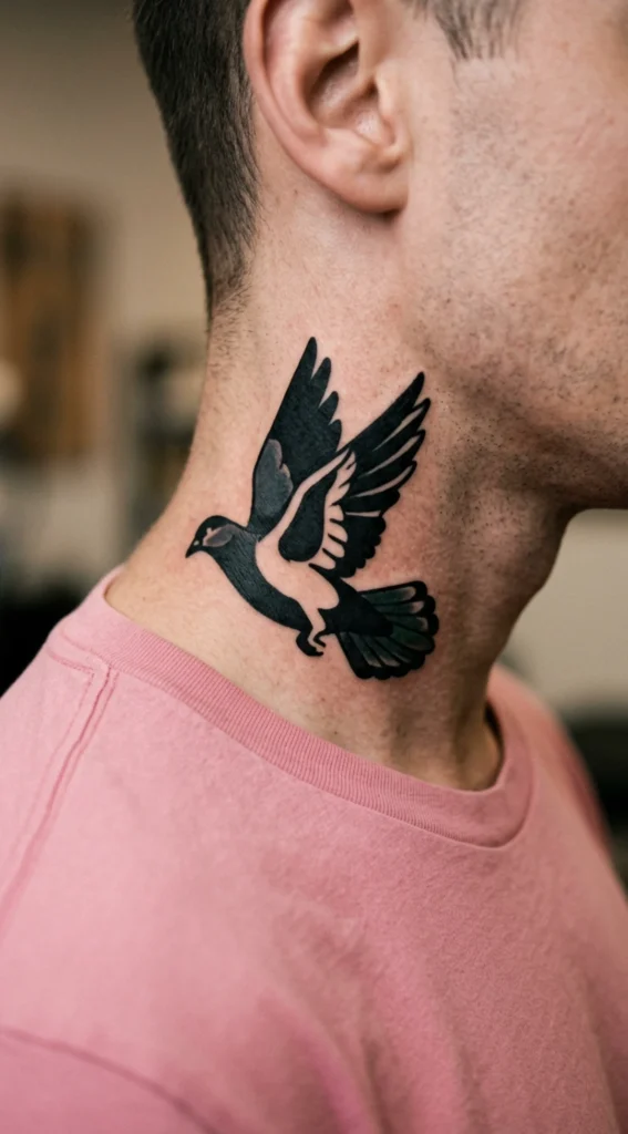 Bold Blackwork Neck Pigeon Tattoo