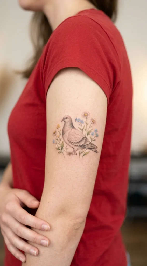 Delicate Pigeon With Tiny Wildflowers