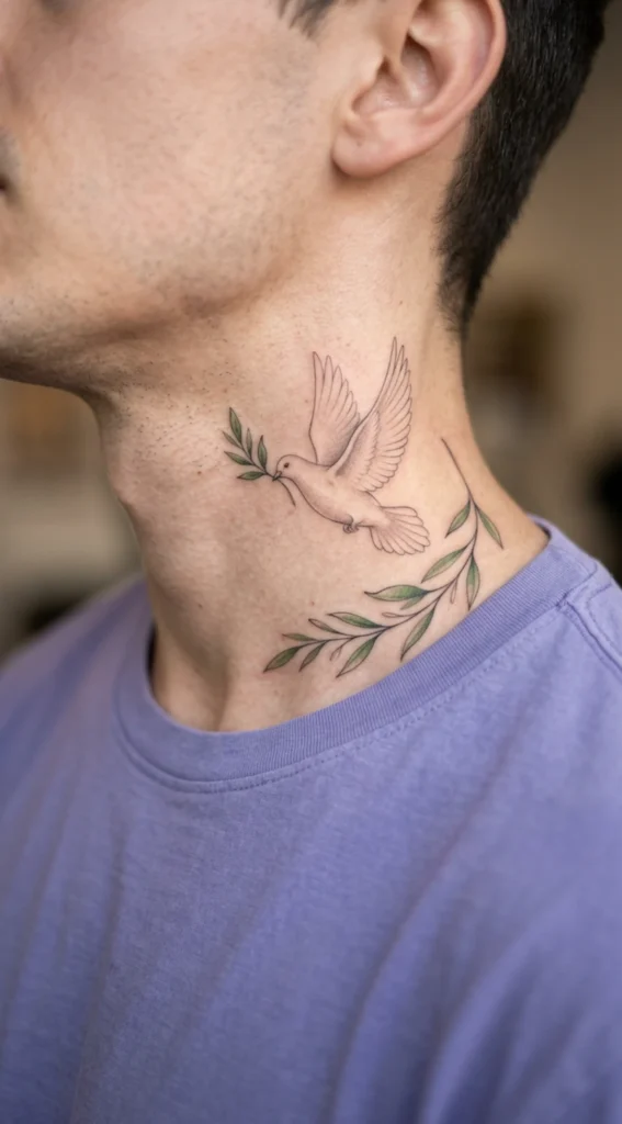 Dove and Olive Branch Neck Tattoo