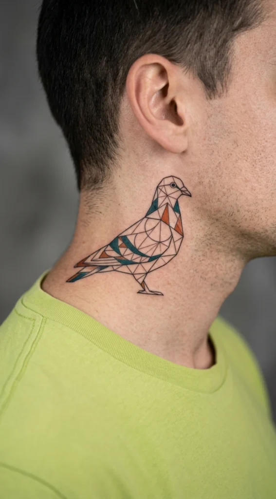 Geometric Pigeon on Neck Tattoo